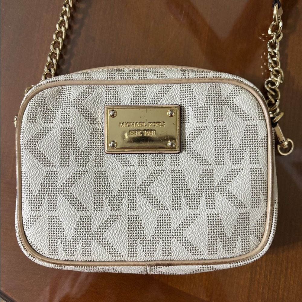 Michael Kors Jet Set Monogram small crossbody in cream and tan